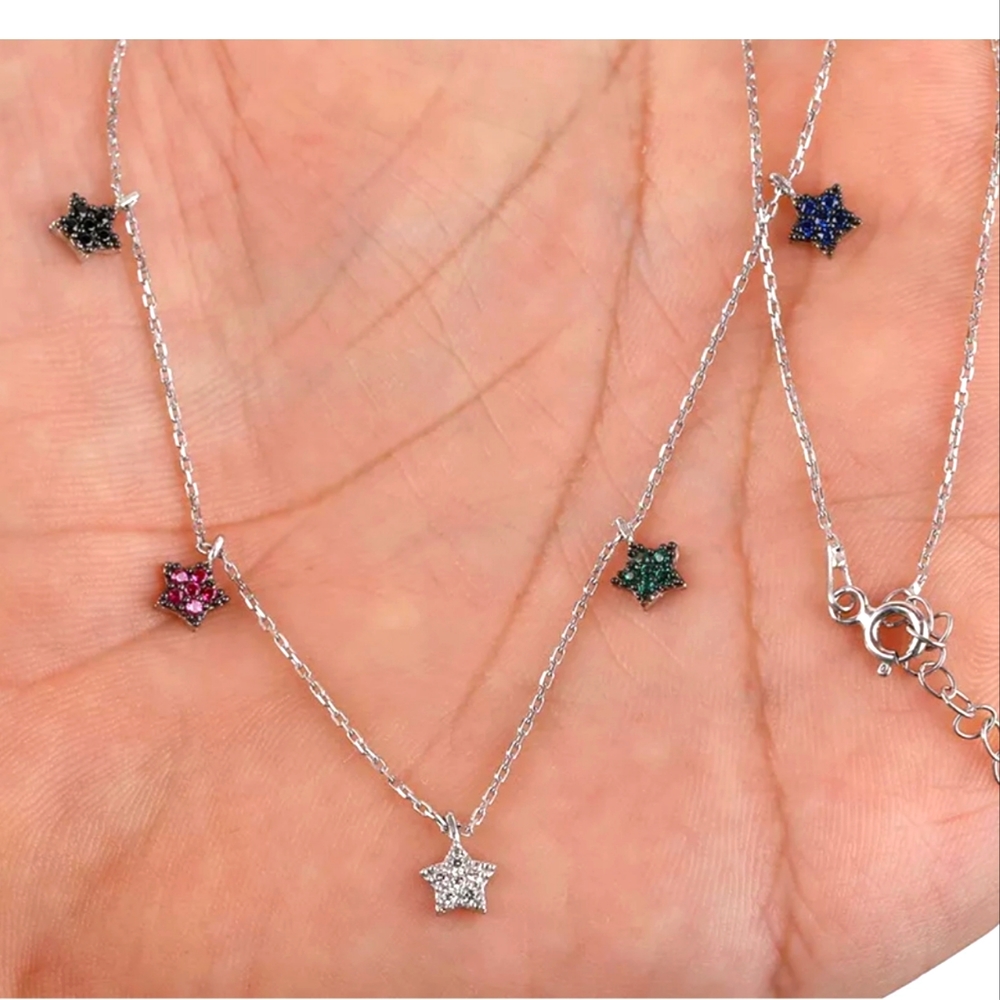5 Star Solid .925 Sterling silver gemstone necklace 13"